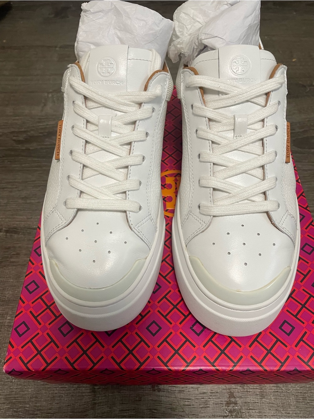 Tory Burch Ladybug White Leather Lace-Up Sneakers with Tan Accents